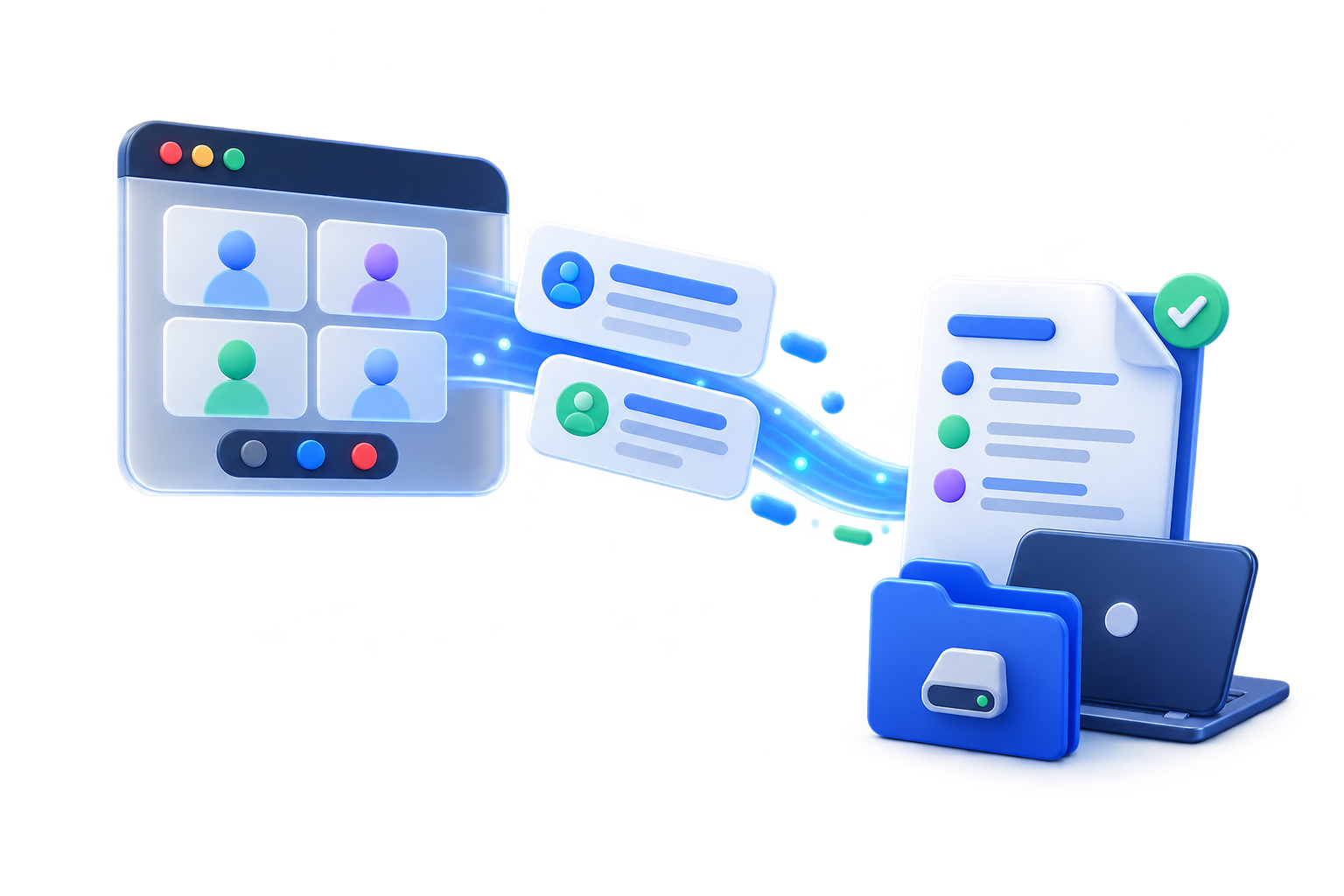 Illustration of meeting captions becoming a transcript stored locally.